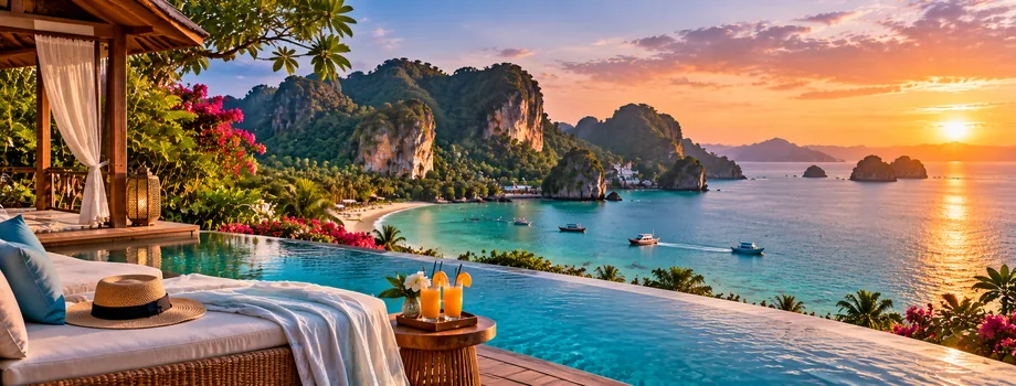 Romantic tropical beach honeymoon destination with turquoise sea, palm trees and a luxury resort during the winter wedding season.